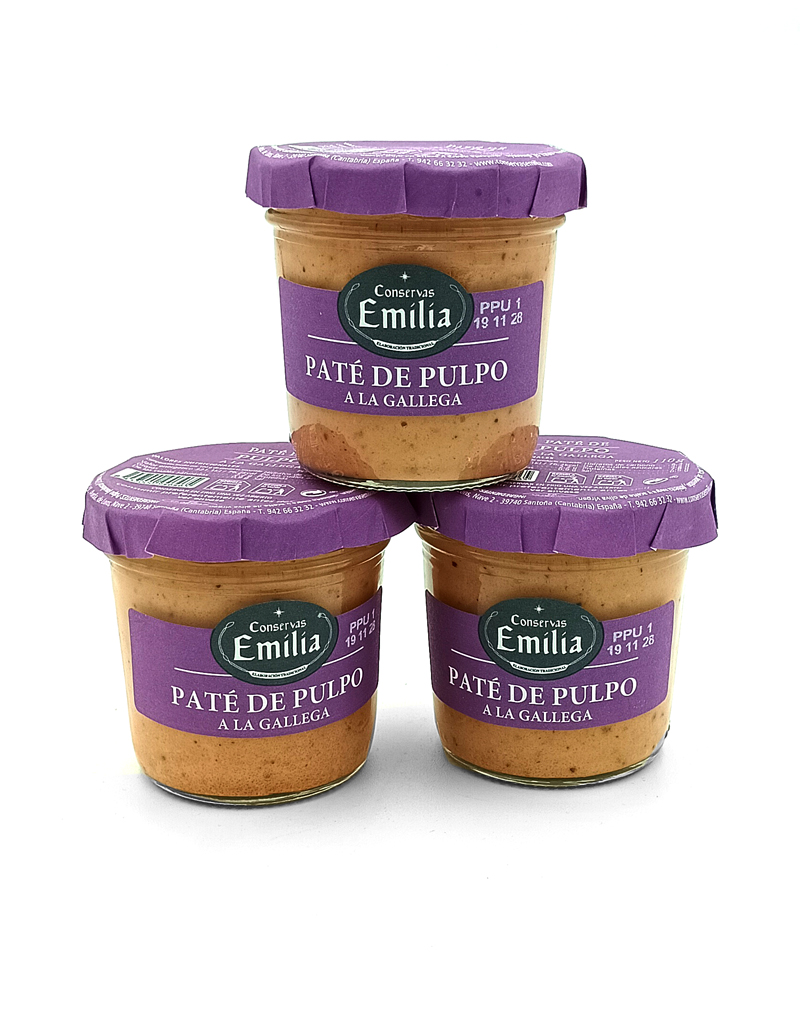 1778794819662 - El Gourmext de Casa Chino Three jars of Emilia brand octopus pâté with purple lids stacked in a pyramid on a white background.