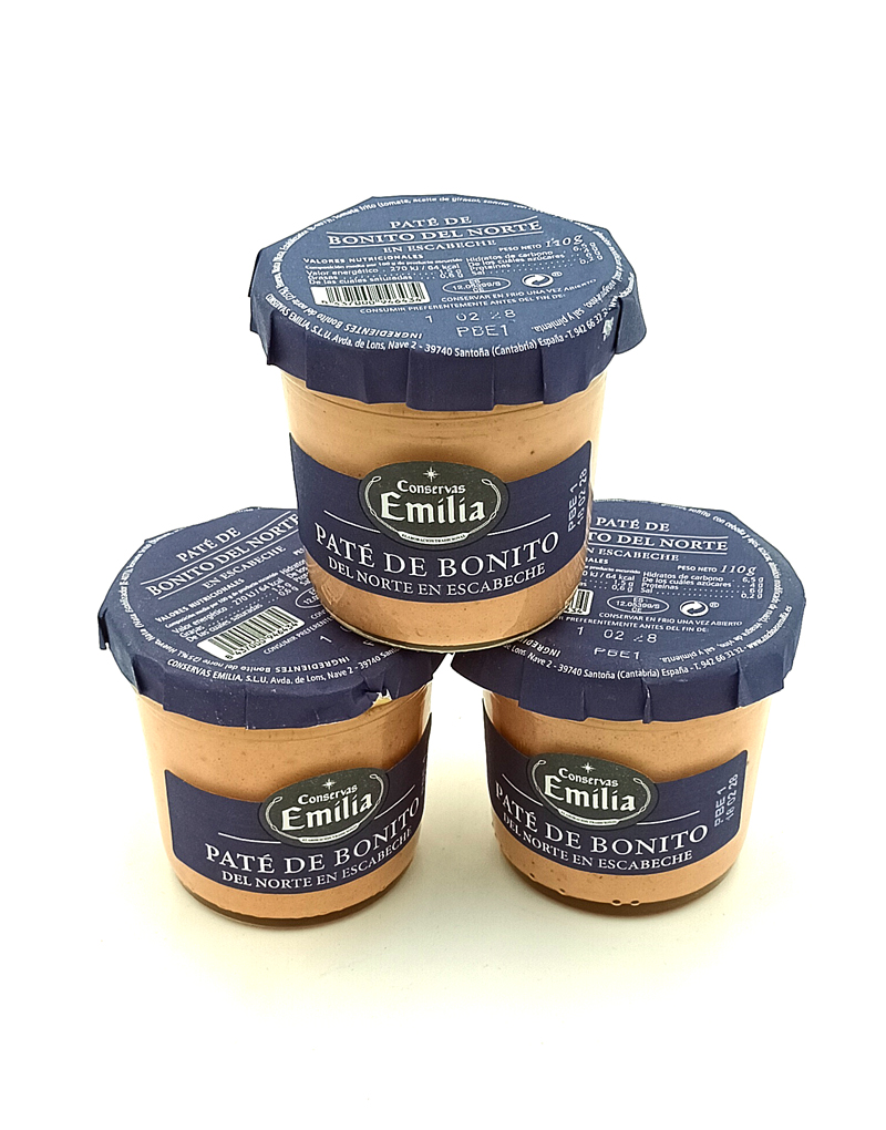 1778794819673 - El Gourmext de Casa Chino Three jars of Emilia Conservas Paté de Bonito stacked in a pyramid on a white background.