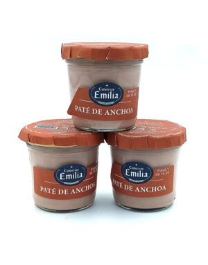1778794819840 - El Gourmext de Casa Chino Three jars of Emilia Paté de Anchoa anchovy paste stacked on a white background, with orange lids and labels.