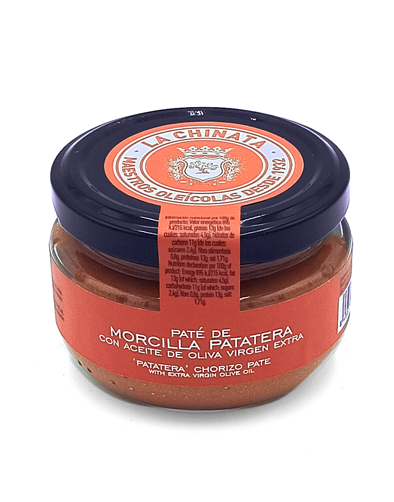 1778794819974 - El Gourmext de Casa Chino Glass jar of La Chinata Morcilla Paté con Aceite de Oliva Virgen Extra on a white background, orange label and dark blue lid.