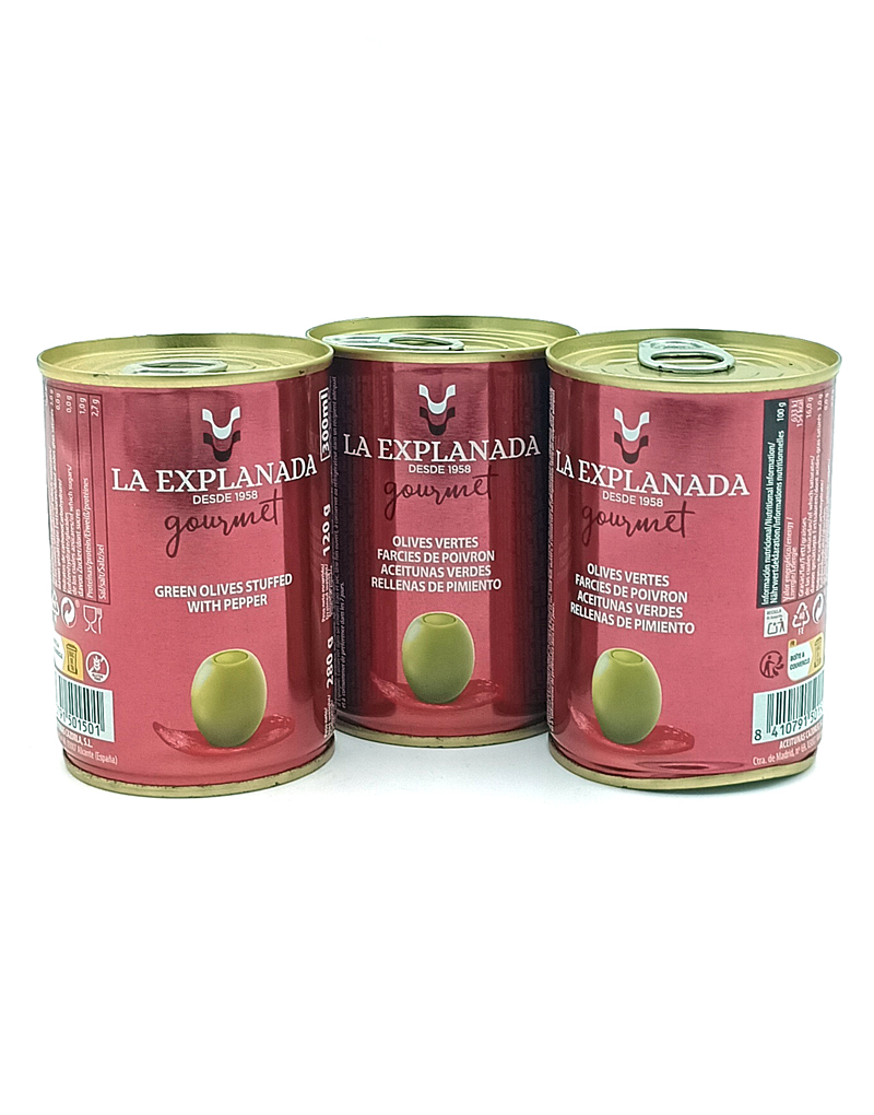 1778794820080 - El Gourmext de Casa Chino Three red cans of La Explanada Gourmet green olives arranged in a row, olive product label visible on each can