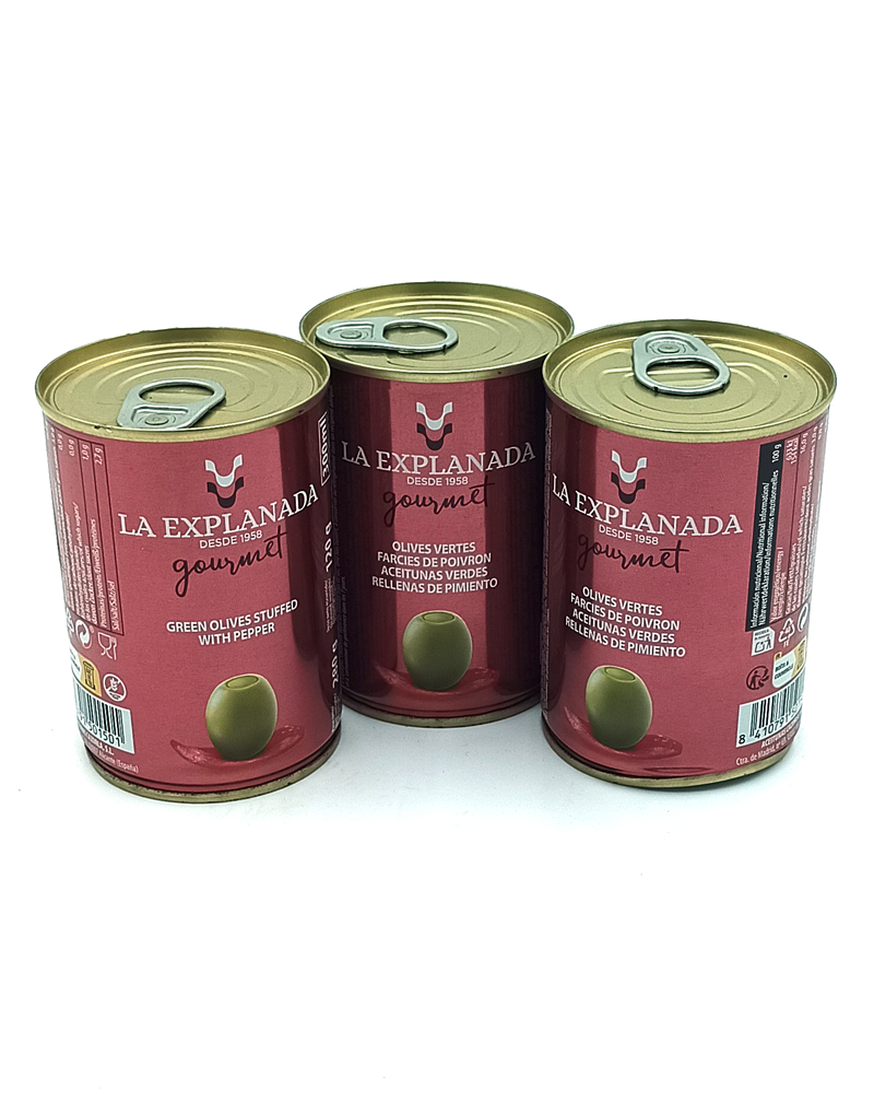 1778794820096 - El Gourmext de Casa Chino Three red La Explanada Gourmet cans of green olives stuffed with pepper displayed together against a white background.