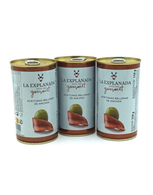 1778794820153 - El Gourmext de Casa Chino Three cans of La Explanada gourmet anchovy-stuffed olives lined up on a white background, labels show the brand and product description.