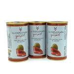 1778794820162 - El Gourmext de Casa Chino Three La Explanada Gourmet stuffed anchovy olives cans arranged in a row on a white background.