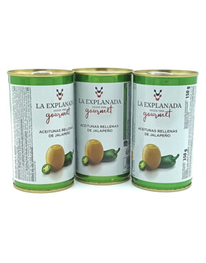 1778794820262 - El Gourmext de Casa Chino Three tins of La Explanada gourmet jalapeño-stuffed olives, 350 g each, shown in a row on a white background.