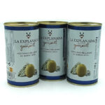 1778794820272 - El Gourmext de Casa Chino Three blue-labeled cans of La Explanada gourmet olives stuffed with blue cheese on a white background.