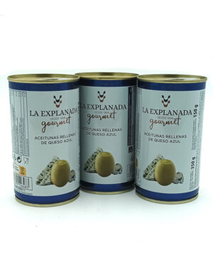 1778794820272 - El Gourmext de Casa Chino Three blue-labeled cans of La Explanada gourmet olives stuffed with blue cheese on a white background.