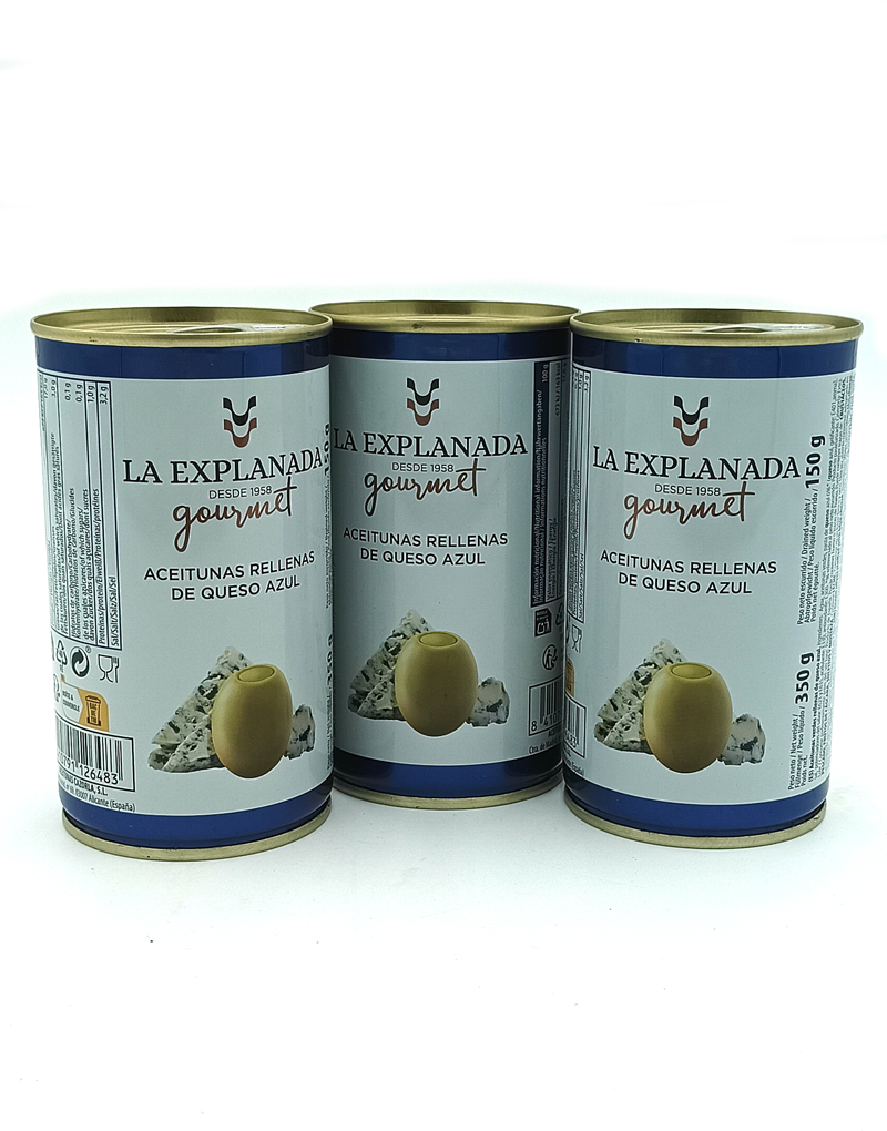 1778794820272 - El Gourmext de Casa Chino Three blue-labeled cans of La Explanada gourmet olives stuffed with blue cheese on a white background.