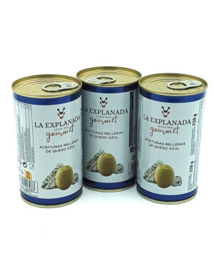 1778794820280 - El Gourmext de Casa Chino Three La Explanada gourmet cans of blue cheese–stuffed olives on a white backdrop (front labels visible).