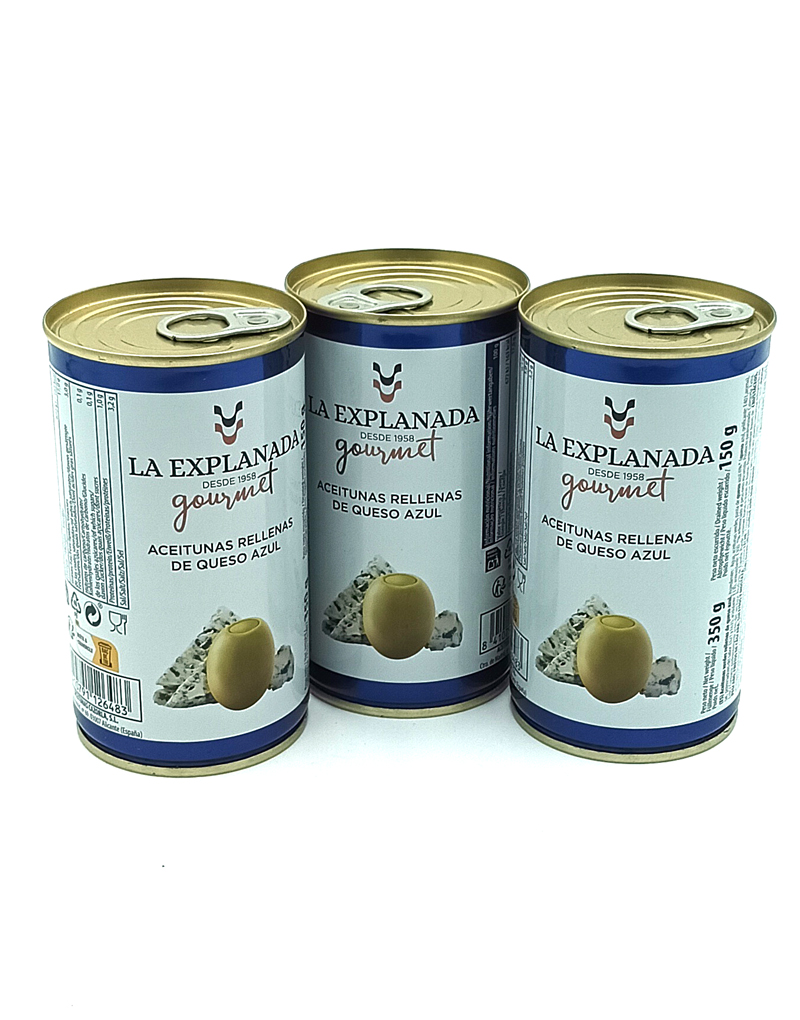 1778794820280 - El Gourmext de Casa Chino Three La Explanada gourmet cans of blue cheese–stuffed olives on a white backdrop (front labels visible).