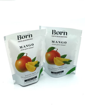 1778794820680 - El Gourmext de Casa Chino Two white 'Born' mango dried fruit snack pouches with a mango illustration and slices on the front.