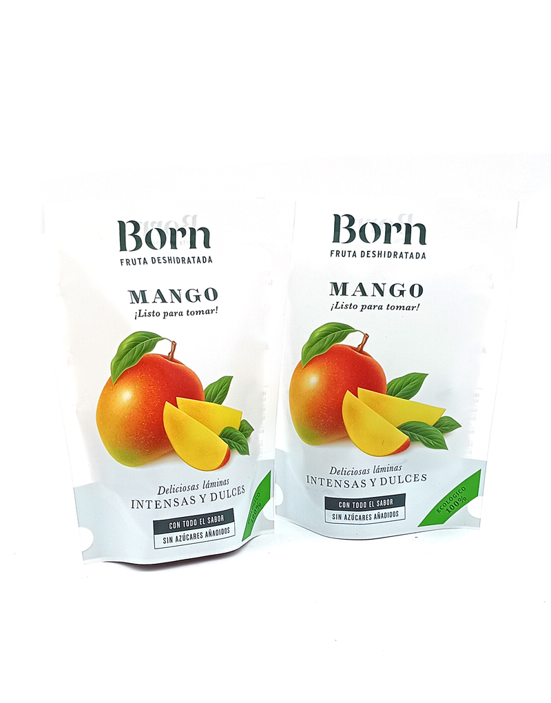 1778794820689 - El Gourmext de Casa Chino Two white stand-up pouches labeled 'Born' and 'Mango' containing dried mango, with a large mango illustration on the front.