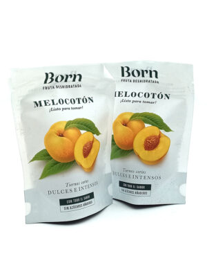 1778794820773 - El Gourmext de Casa Chino Two white stand-up pouches of Born dried peaches (Melocotón) with peach illustration and green leaves on the front, text in Spanish.